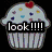 Pixelated cupcake icon with colorful sprinkles and a red heart on top, overlaid with text reading 'look!!!!' in the upper left quadrant.