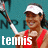 A tennis player in a red sleeveless top and white visor holds a racket, with text reading 'tennis is love' appearing sequentially across frames.