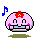 Pixelated pink spherical character with red flower on head, blue mouthpiece, and purple cheeks; four variations show different musical notes and shadows.