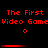 Red pixelated text repeats 'The First Video Game' across two on a black background with small red dots and horizontal bars