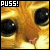 A 50x50 pixel animated contact sheet showing two frames of a close-up cat face with large eyes and the text "PUSS!" in contrasting colors above each frame.