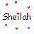 Pixelated text 'Sheilah' repeated twice per , surrounded by scattered red heart symbols on a white background