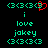 Pixel art animation showing a green '3<3' symbol with red heart overlay, text reading 'i love jokey', and repeated green '3<3' symbols on black background.