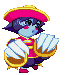Pixel art character with pink hat and white gloves holding golden cymbals, blue skin, red shoes, changing facial expression across frames.