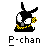 Pixelated black bunny-like figure with yellow-orange beaded necklace, holding small flower bouquet, standing on white background beneath text.