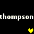 Pixelated text 'thompsonthompson' appears twice on a black background with three yellow and green heart icons in different positions.