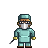Pixelated character in teal surgical attire holding a scalpel, wearing a mask and cap, standing against a solid gray background.