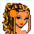 Pixelated character with curly brown hair, orange flower accessory, and yellow dress standing against white background.