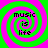 Four identical spiral patterns with green and pink concentric rings, each containing the text "music is life" in black pixelated font.