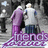 Two figures in purple and white clothing stand side-by-side on a patterned platform with 'friends forever' text, against a dark background with light speckles.