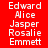 Red background with white text listing names in three , each showing different name orderings with black bars covering some names