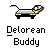 Pixel art icon of a black and silver Delorean car with yellow accents, featuring a colorful circular emblem on the front wheel area, positioned above pixelated text reading "Delorean Buddy" on a gray background.