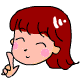 A cartoon-style animation of a red-haired character with pink cheeks, showing two sequential poses: first with closed eyes and index finger raised, then with mouth open and hand extended.