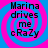 Four identical circular icons with pink and blue spiral backgrounds display black text reading "Marina drives me cRaZy" in a pixelated font.