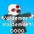 Pixelated character with white mask and red eyes on blue background, displaying text variations including 'Voldemort!' and 'Vold-e'