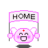 Pixelated pink character with red cross on forehead holds white 'HOME' sign, displaying four distinct facial expressions and arm positions across frames.