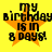 Yellow background with four identical orange stars each containing black text reading 'my birthday is in 8 days!' in pixelated font.