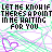 Pixelated text reads "LET ME KNOW IF THERE'S A POINT IN ME WAITING FOR YOU" over a white background with green and purple pixelated lines, two heart outlines in bottom corners.