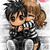 Anime-style character with brown hair and black clothing hugs another figure, surrounded by heart symbols in various styles.