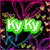 Animated icon with four distinct sections: top-left green text 'Ky Ky', top-right butterflies, bottom-left sunset, bottom-right empty space.