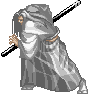 Pixelated figure in hooded cloak holding long staff, gray background, repeated in