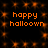 Orange pixelated text 'happy halloown' repeated four times on a black background with scattered orange square pixels.
