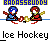 Pixel art contact sheet of 12 animated frames showing ice hockey gameplay with two teams on a rink, featuring blue and red players with helmets, sticks, pucks, goals, and repeated "Ice Hockey" text labels.