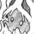 Static grayscale pixel art of a cartoonish character with large eyes and leaf-like appendages, displayed on a white background.