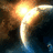 Pixelated image of a celestial body with a bright light source and text fragments on a black background.
