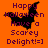 Orange background with purple text reading "Happy Halloween Have a Scarey Delight!=]" and three black bat silhouettes in different poses.