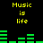 Yellow text "Music is life" appears in four positions on a black background with green audio equalizer bars that change height across frames.