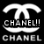 Black-and-white pixelated image featuring multiple overlapping Chanel logo symbols and text variations with exclamation marks.