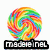 A circular rainbow-swirled lollipop with a light brown stick, shown in multiple views with one view containing overlaid text.