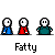 Pixel art of four repeating cartoon figures in blue, red, green, and white shirts with speech bubbles containing text like "I PASSED THE TEST!!" and "YEA IT WAS A PIECE OF CAKE!".