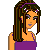 Pixel art of a woman with brown hair and purple headband on white background, next to four colored displaying text fragments