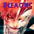 Pixelated anime-style character with red hair and closed eyes, overlaid by blue-and-red text reading "BLEACH!" against a warm-toned background.