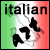 Pixelated icon with green, white, and red vertical stripes background; black text 'italian' at top; black silhouette of Italy map below text.
