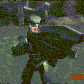 Animated sequence of a dark-cloaked figure with a cape, helmet, and mask standing in a rocky landscape with red text below.