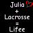 Pixelated text and symbols on black background with red heart symbol above 'Julia' in left