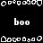 Black background with white pixelated shapes and repeated 'boo' text in a , featuring gray rectangular overlay on right side