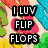 Pixelated image with text overlays: "I LUV FLIP FLOPS" over colorful shapes, "ALEXA LOVES THE EARTH" on white background, and "ASPEN LIKES PRUNES:]" with dark silhouette.