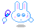 Pixel art bunny head with blue eyes, pink cheeks, and a blue-and-white feathered prop, displayed in four variations on gray background.