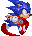 Pixelated blue hedgehog with red shoes and white gloves in four sequential running poses against gray background.