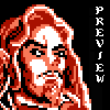Pixel art portrait of a person with long red hair and white face, set against black background with vertical 'PREVIEW' text.