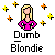 Pixel art of a blonde woman in pink top with hands on hips, surrounded by yellow and orange stars, text 'Dumb Blondie' below.