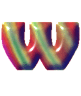 A single stylized letter W with a glossy, multicolored gradient surface featuring red, green, yellow, and purple hues on a solid gray background.
