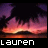 Animated sunset scene with silhouetted tree branches over water, text 'lauren' in white and pink pixelated font below.