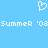 Pixelated white heart symbol above repeated text reading 'Summer '08' on solid light blue background.