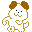 Pixelated white dog with brown ears and gold outline in four poses: two walking, one standing, one dancing.