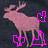 Pixelated pink animal with antlers stands on purple geometric base against dark background, head turned left, one eye visible as white dot.
